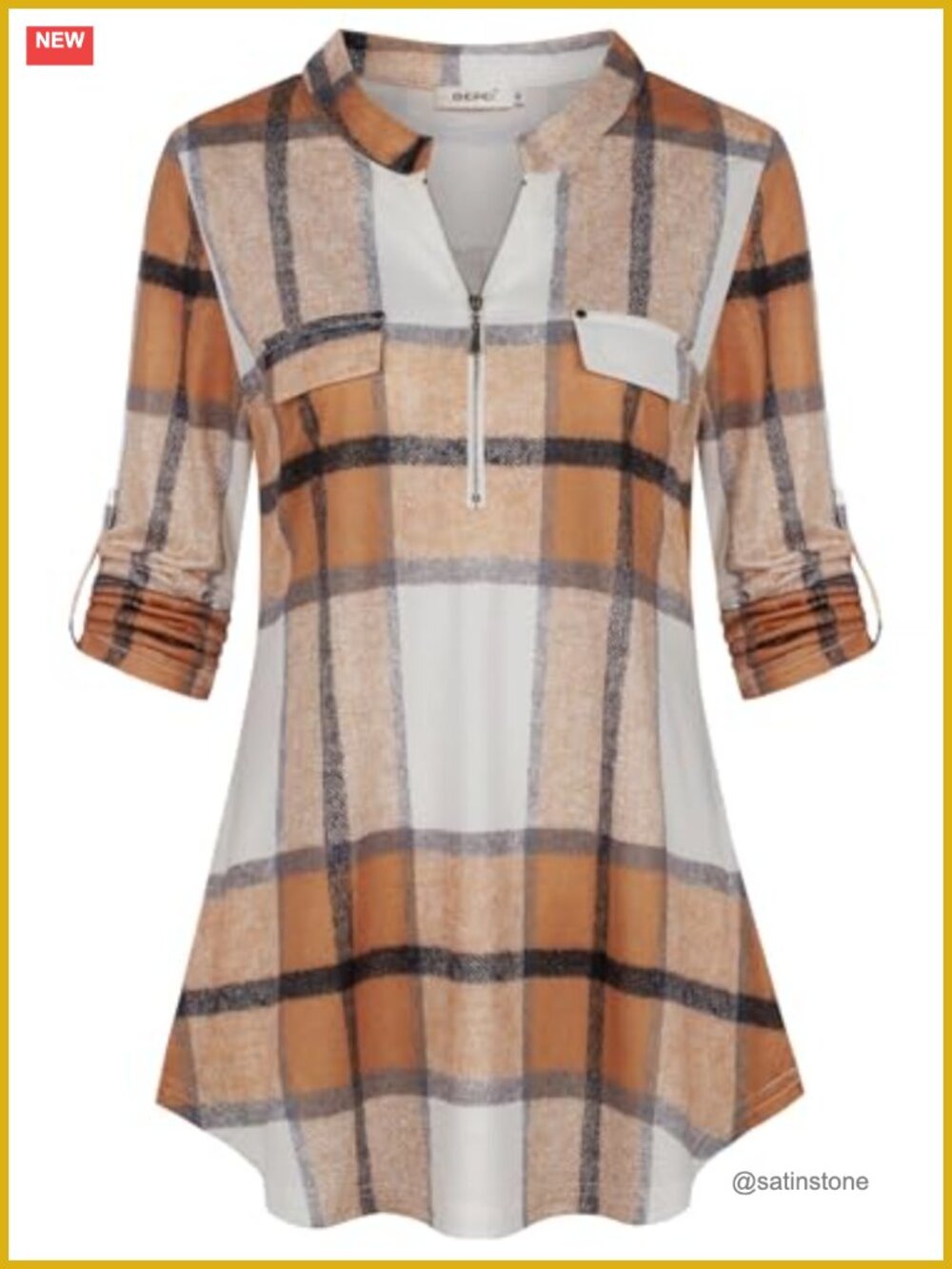 Women's 3/4 Sleeve Plaid Tunic V-Neck Zip-Up Blouse Business Casual Office Top